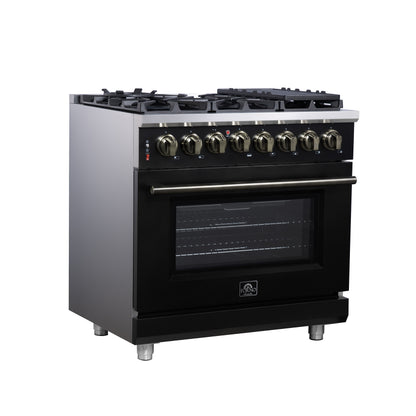 Massimo 36 Inch Dual Fuel Range in Black with Air Fryer Basket, True Convection Oven, Matte Cast Iron Grates, and Antique Brass Handles