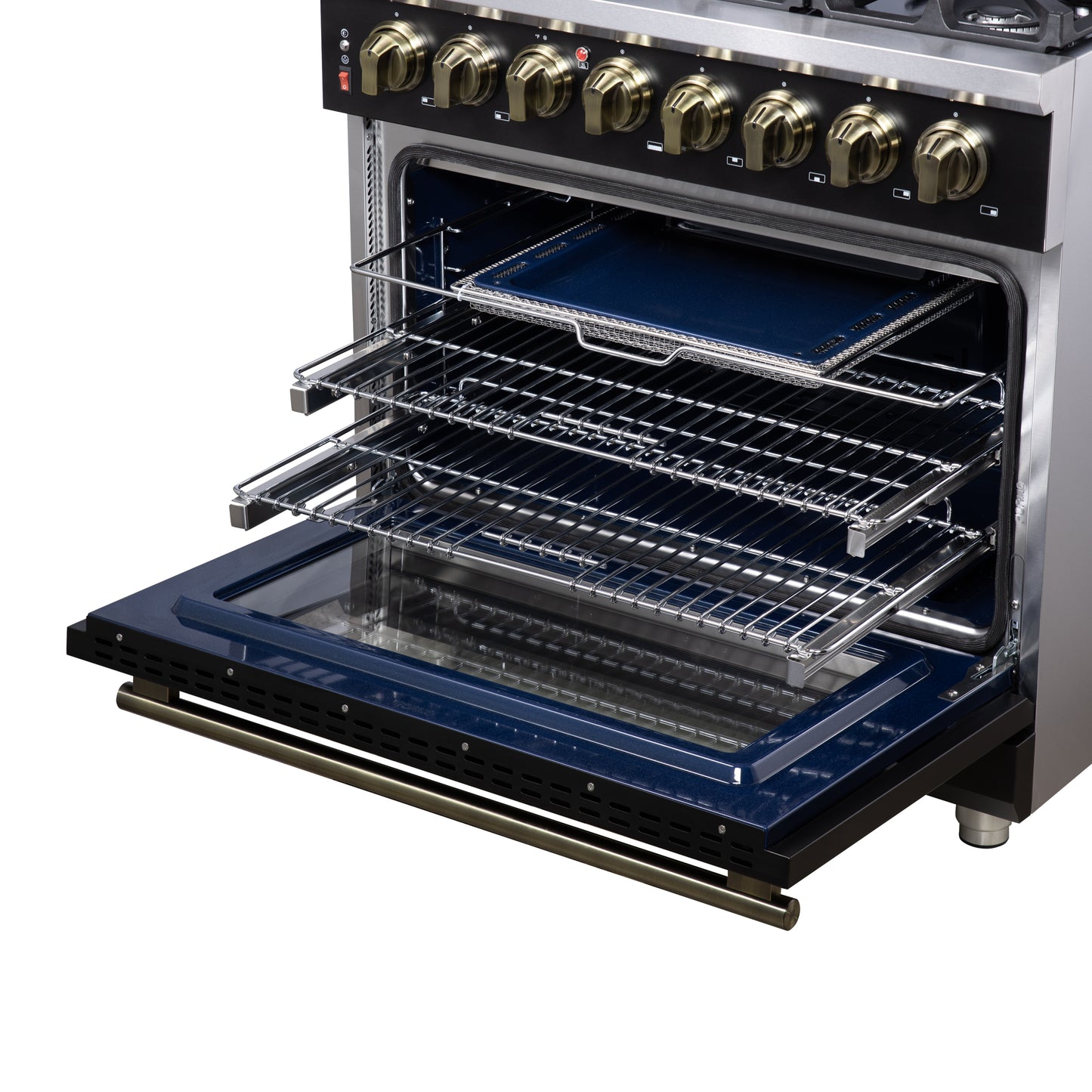 Massimo 36 Inch Dual Fuel Range in Black with Air Fryer Basket, True Convection Oven, Matte Cast Iron Grates, and Antique Brass Handles