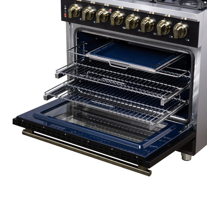 Massimo 36 Inch Dual Fuel Range in Black with Air Fryer Basket, True Convection Oven, Matte Cast Iron Grates, and Antique Brass Handles