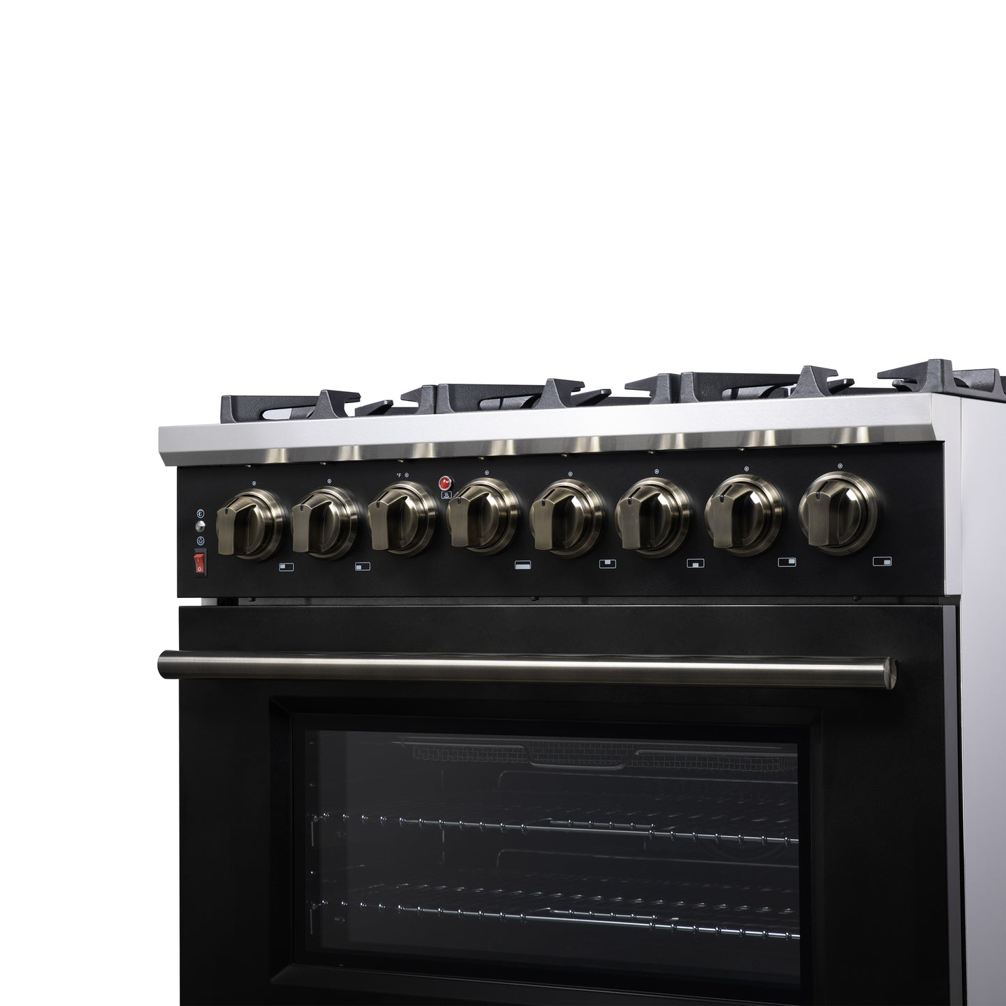 Massimo 36 Inch Dual Fuel Range in Black with Air Fryer Basket, True Convection Oven, Matte Cast Iron Grates, and Antique Brass Handles