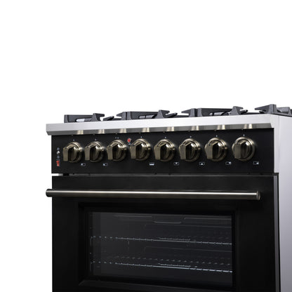 Massimo 36 Inch Dual Fuel Range in Black with Air Fryer Basket, True Convection Oven, Matte Cast Iron Grates, and Antique Brass Handles