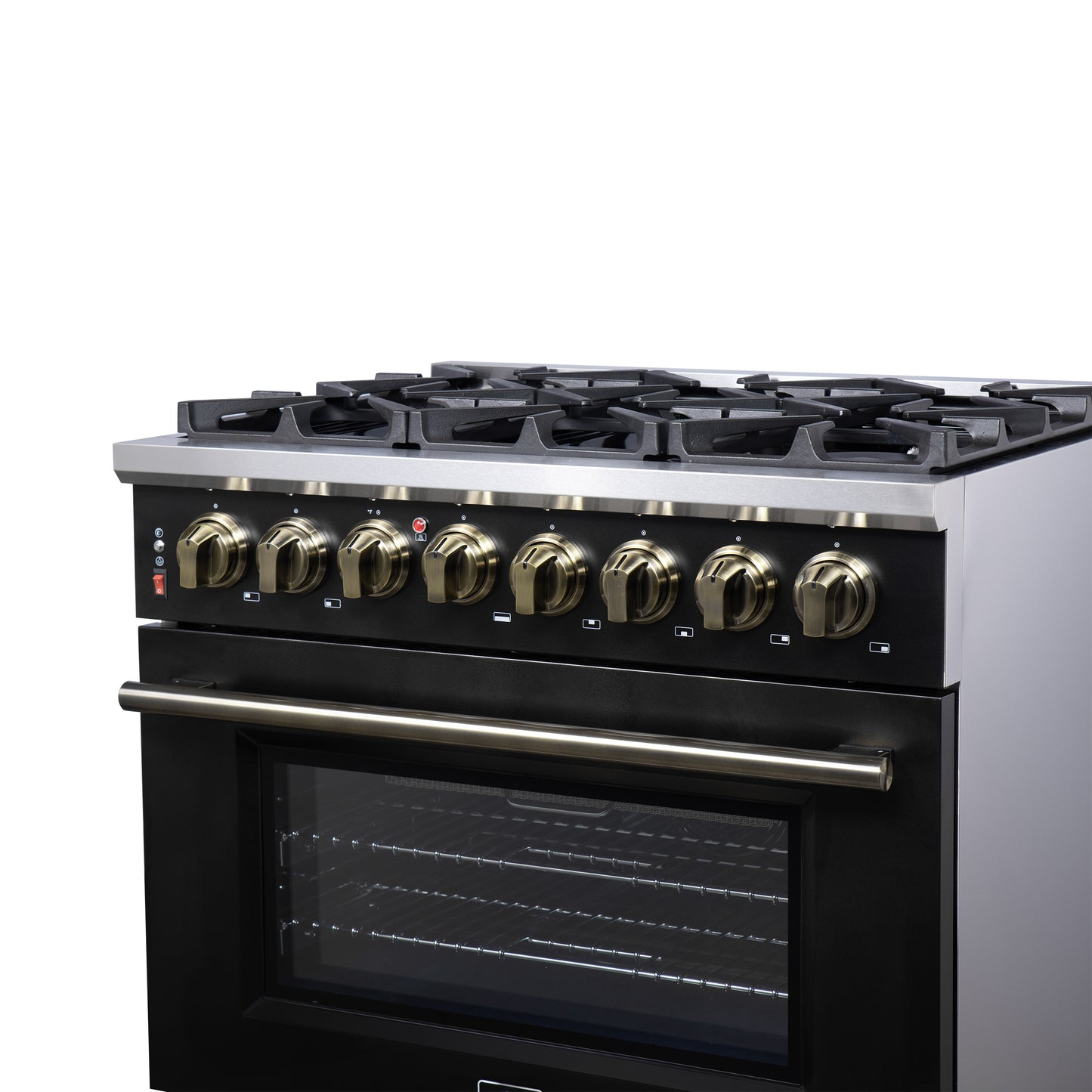 Massimo 36 Inch Dual Fuel Range in Black with Air Fryer Basket, True Convection Oven, Matte Cast Iron Grates, and Antique Brass Handles