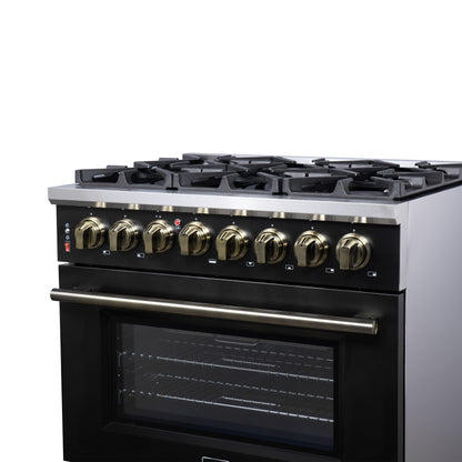 Massimo 36 Inch Dual Fuel Range in Black with Air Fryer Basket, True Convection Oven, Matte Cast Iron Grates, and Antique Brass Handles