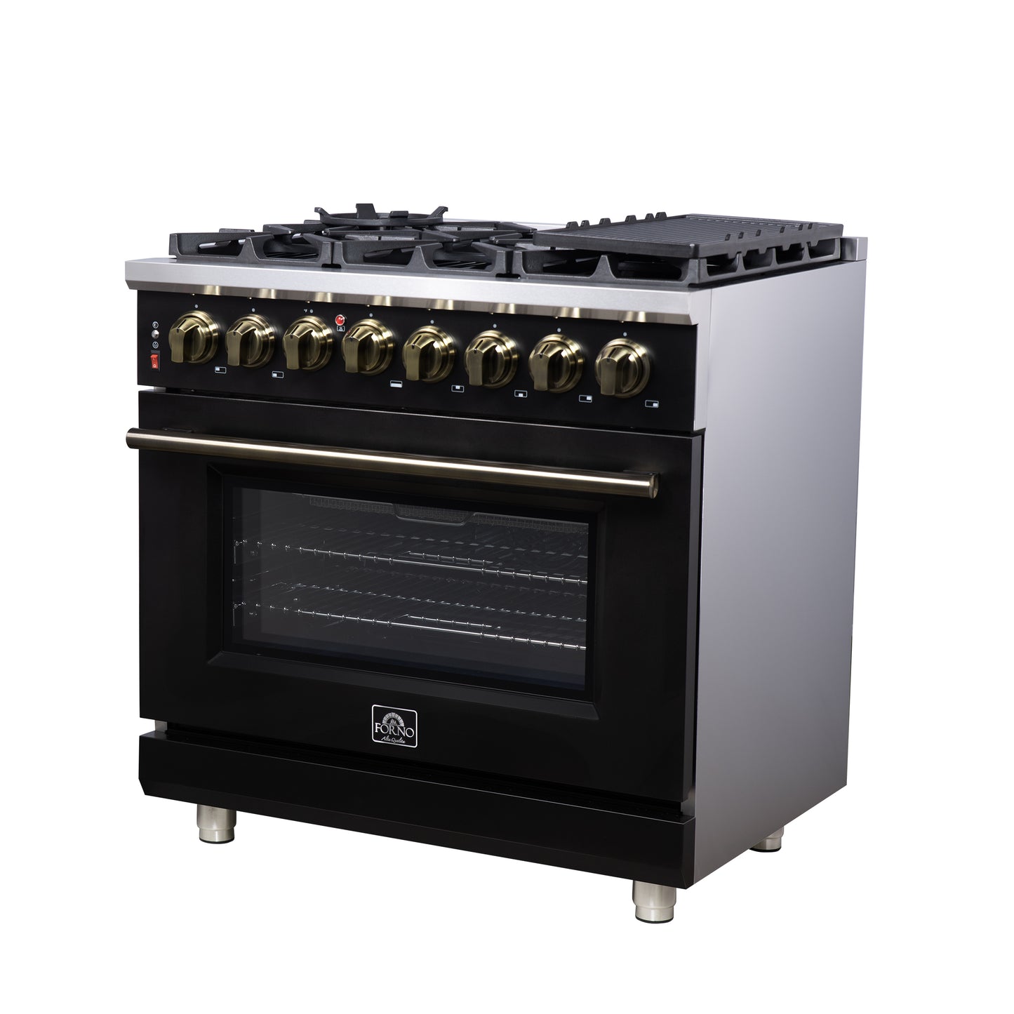 Massimo 36 Inch Dual Fuel Range in Black with Air Fryer Basket, True Convection Oven, Matte Cast Iron Grates, and Antique Brass Handles