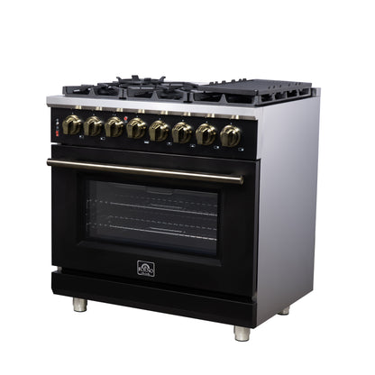 Massimo 36 Inch Dual Fuel Range in Black with Air Fryer Basket, True Convection Oven, Matte Cast Iron Grates, and Antique Brass Handles