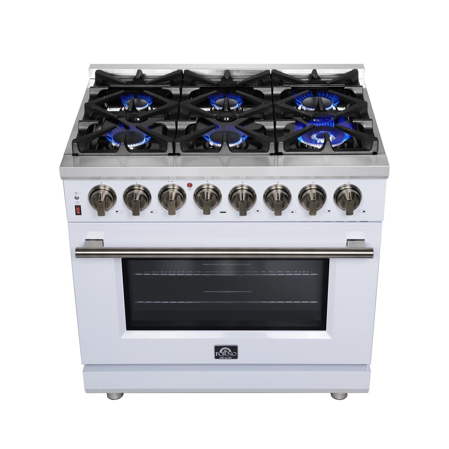 Massimo 36 Inch Dual Fuel Range in White with Air Fryer Basket, True Convection Oven, Matte Cast Iron Grates, and Antique Brass Handles