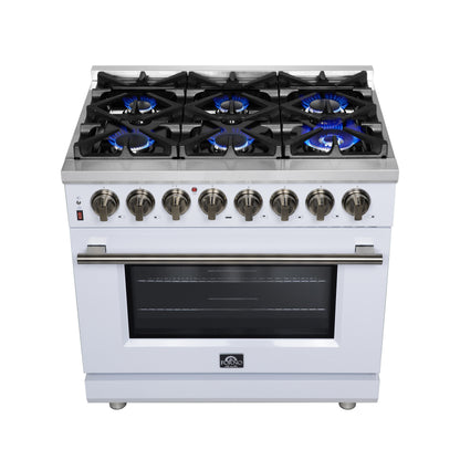 Massimo 36 Inch Dual Fuel Range in White with Air Fryer Basket, True Convection Oven, Matte Cast Iron Grates, and Antique Brass Handles
