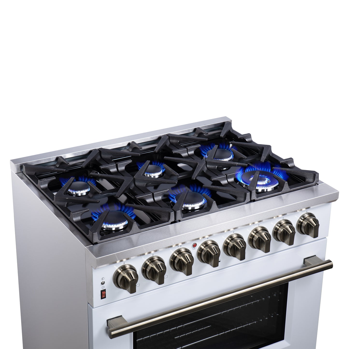 Massimo 36 Inch Dual Fuel Range in White with Air Fryer Basket, True Convection Oven, Matte Cast Iron Grates, and Antique Brass Handles