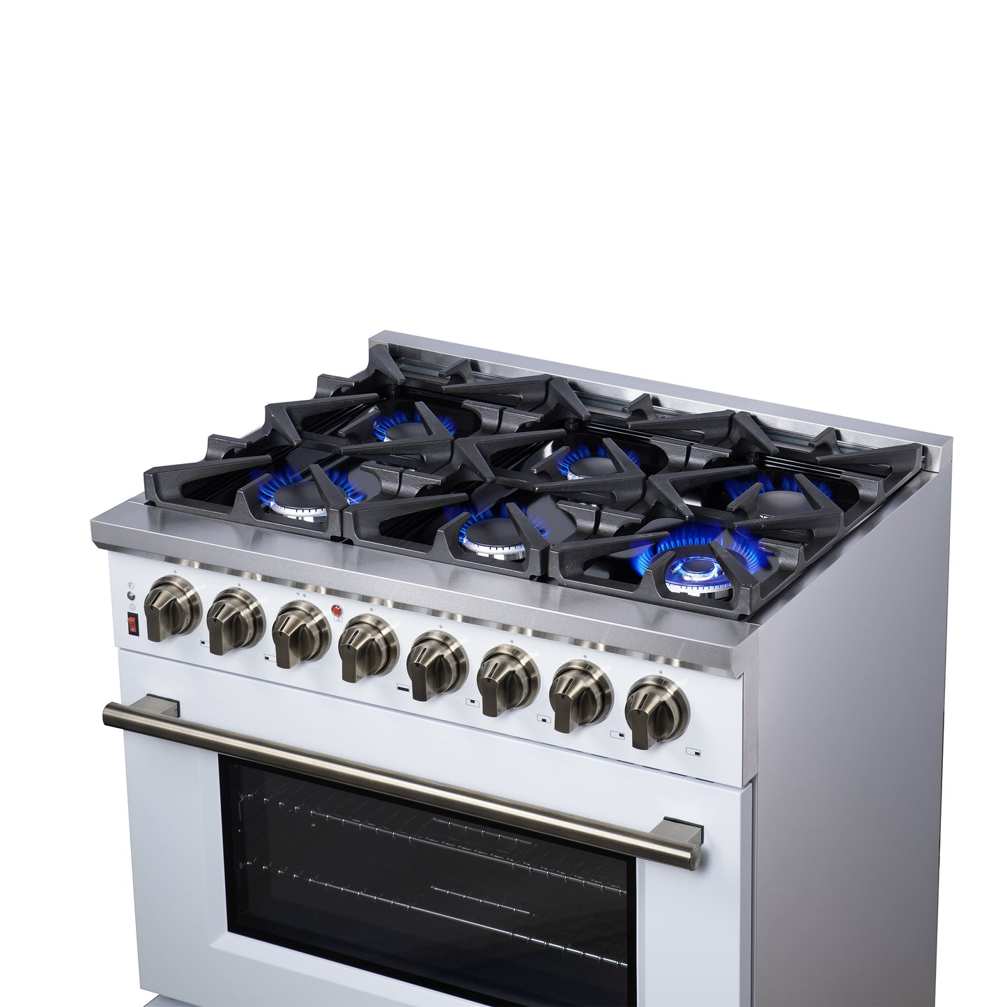 Massimo 36 Inch Dual Fuel Range in White with Air Fryer Basket, True Convection Oven, Matte Cast Iron Grates, and Antique Brass Handles