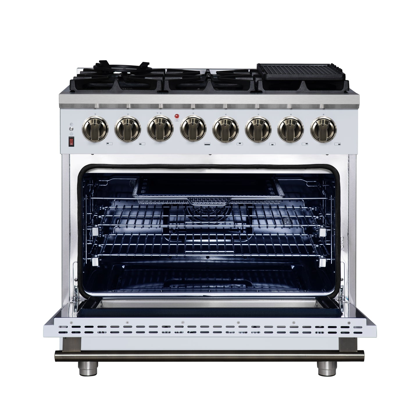 Massimo 36 Inch Dual Fuel Range in White with Air Fryer Basket, True Convection Oven, Matte Cast Iron Grates, and Antique Brass Handles
