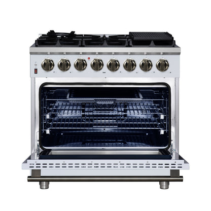 Massimo 36 Inch Dual Fuel Range in White with Air Fryer Basket, True Convection Oven, Matte Cast Iron Grates, and Antique Brass Handles