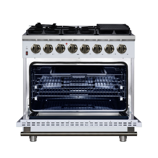 Massimo 36 Inch Dual Fuel Range in White with Air Fryer Basket, True Convection Oven, Matte Cast Iron Grates, and Antique Brass Handles