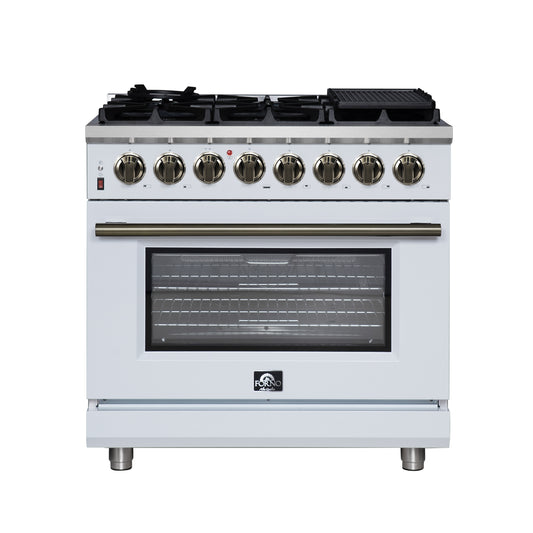 Massimo 36 Inch Dual Fuel Range in White with Air Fryer Basket, True Convection Oven, Matte Cast Iron Grates, and Antique Brass Handles