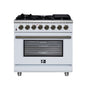 Massimo 36 Inch Dual Fuel Range in White with Air Fryer Basket, True Convection Oven, Matte Cast Iron Grates, and Antique Brass Handles