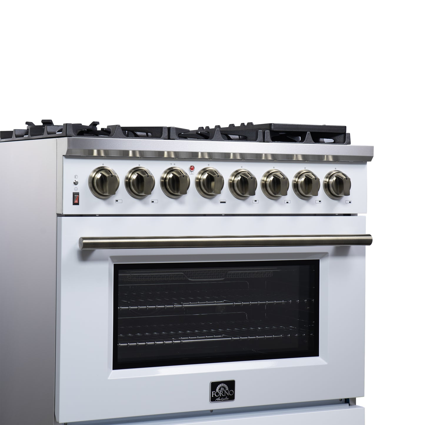 Massimo 36 Inch Dual Fuel Range in White with Air Fryer Basket, True Convection Oven, Matte Cast Iron Grates, and Antique Brass Handles