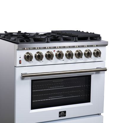 Massimo 36 Inch Dual Fuel Range in White with Air Fryer Basket, True Convection Oven, Matte Cast Iron Grates, and Antique Brass Handles
