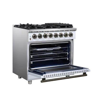 Massimo 36 Inch Dual Fuel Range in White with Air Fryer Basket, True Convection Oven, Matte Cast Iron Grates, and Antique Brass Handles