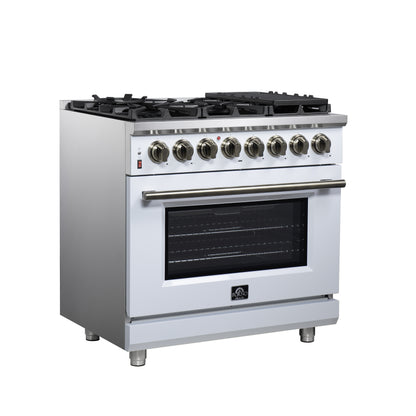 Massimo 36 Inch Dual Fuel Range in White with Air Fryer Basket, True Convection Oven, Matte Cast Iron Grates, and Antique Brass Handles