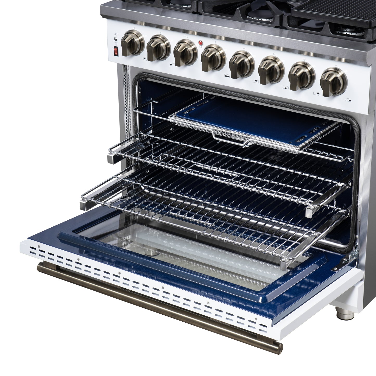 Massimo 36 Inch Dual Fuel Range in White with Air Fryer Basket, True Convection Oven, Matte Cast Iron Grates, and Antique Brass Handles