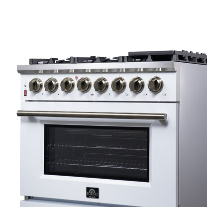 Massimo 36 Inch Dual Fuel Range in White with Air Fryer Basket, True Convection Oven, Matte Cast Iron Grates, and Antique Brass Handles