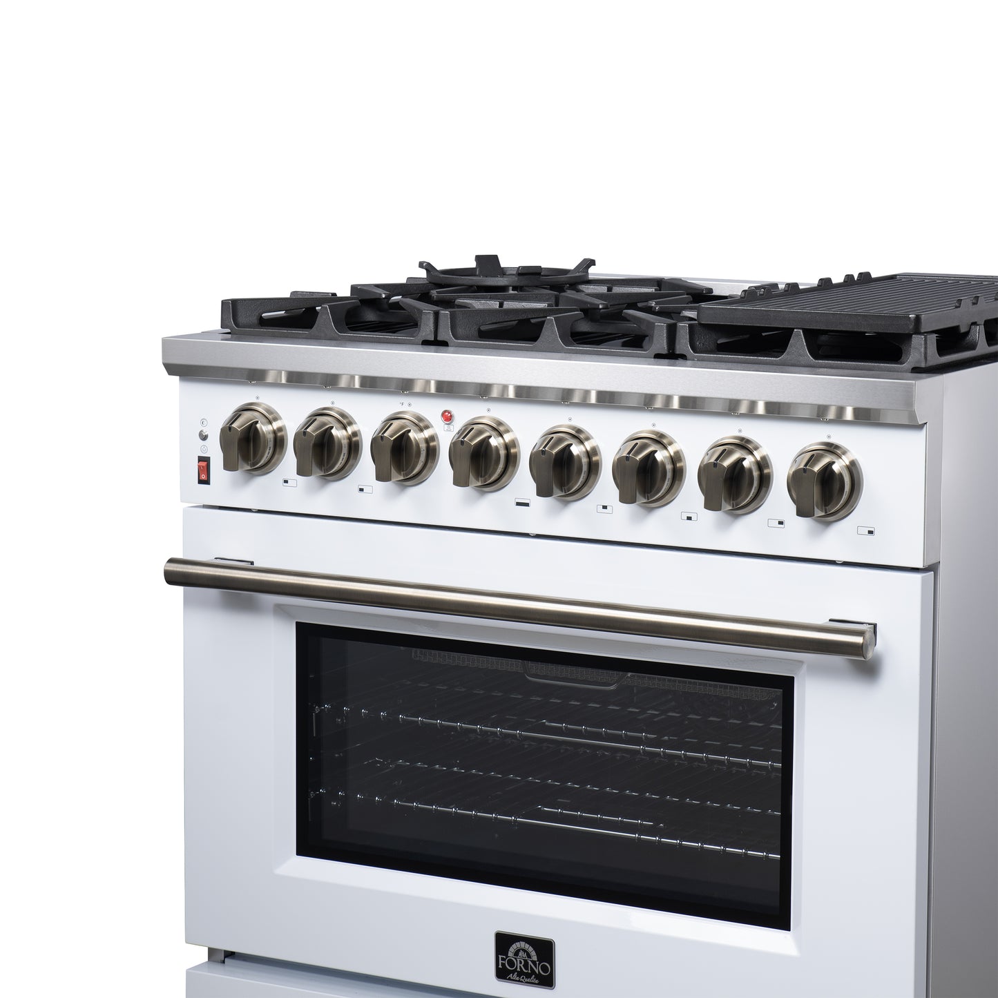 Massimo 36 Inch Dual Fuel Range in White with Air Fryer Basket, True Convection Oven, Matte Cast Iron Grates, and Antique Brass Handles