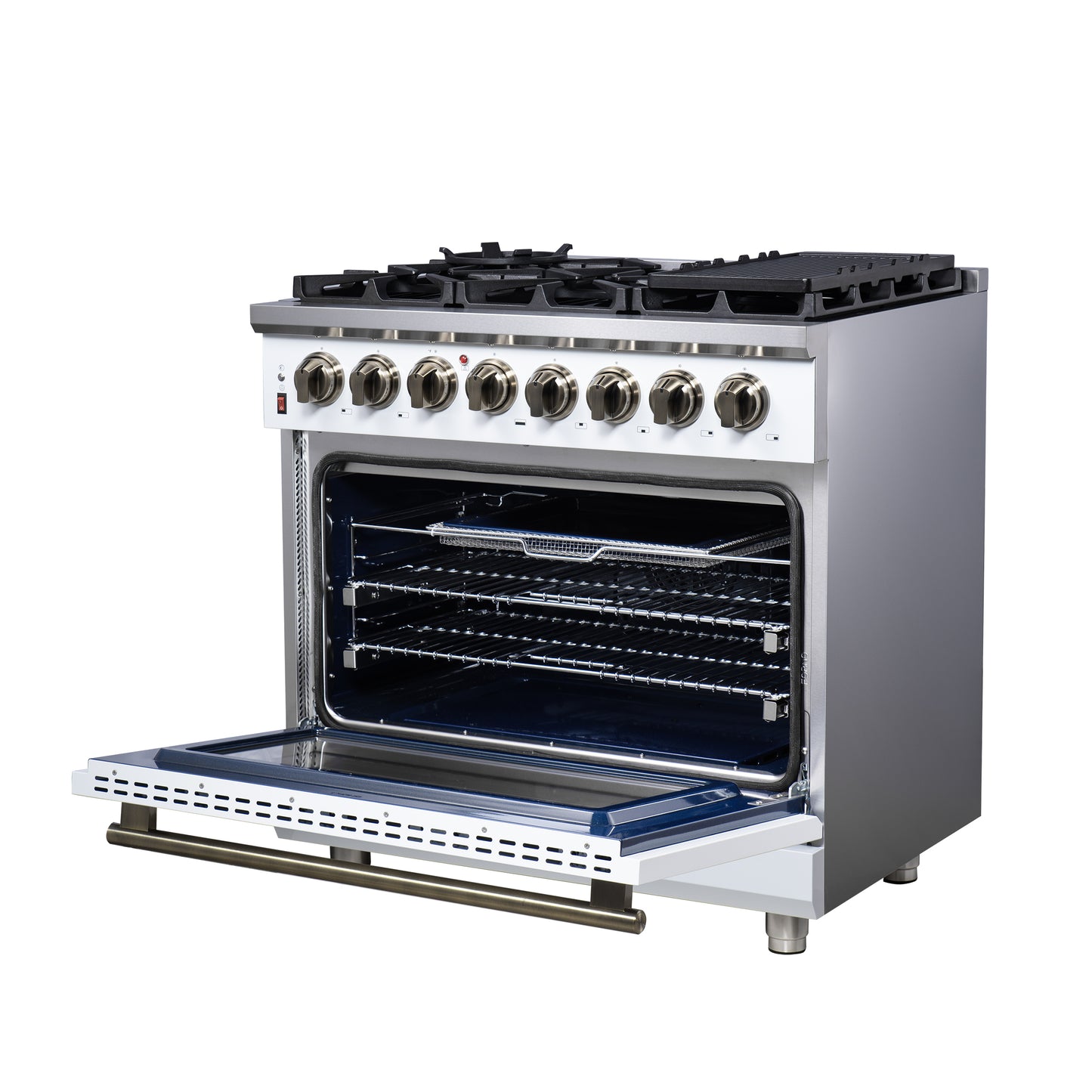Massimo 36 Inch Dual Fuel Range in White with Air Fryer Basket, True Convection Oven, Matte Cast Iron Grates, and Antique Brass Handles