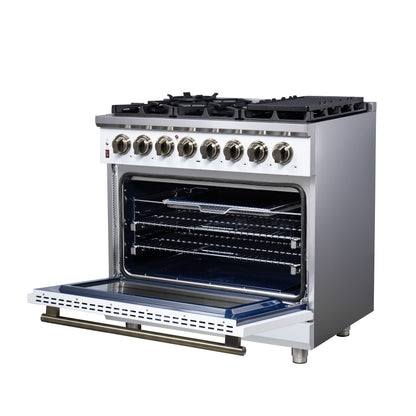 Massimo 36 Inch Dual Fuel Range in White with Air Fryer Basket, True Convection Oven, Matte Cast Iron Grates, and Antique Brass Handles