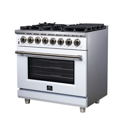 Massimo 36 Inch Dual Fuel Range in White with Air Fryer Basket, True Convection Oven, Matte Cast Iron Grates, and Antique Brass Handles