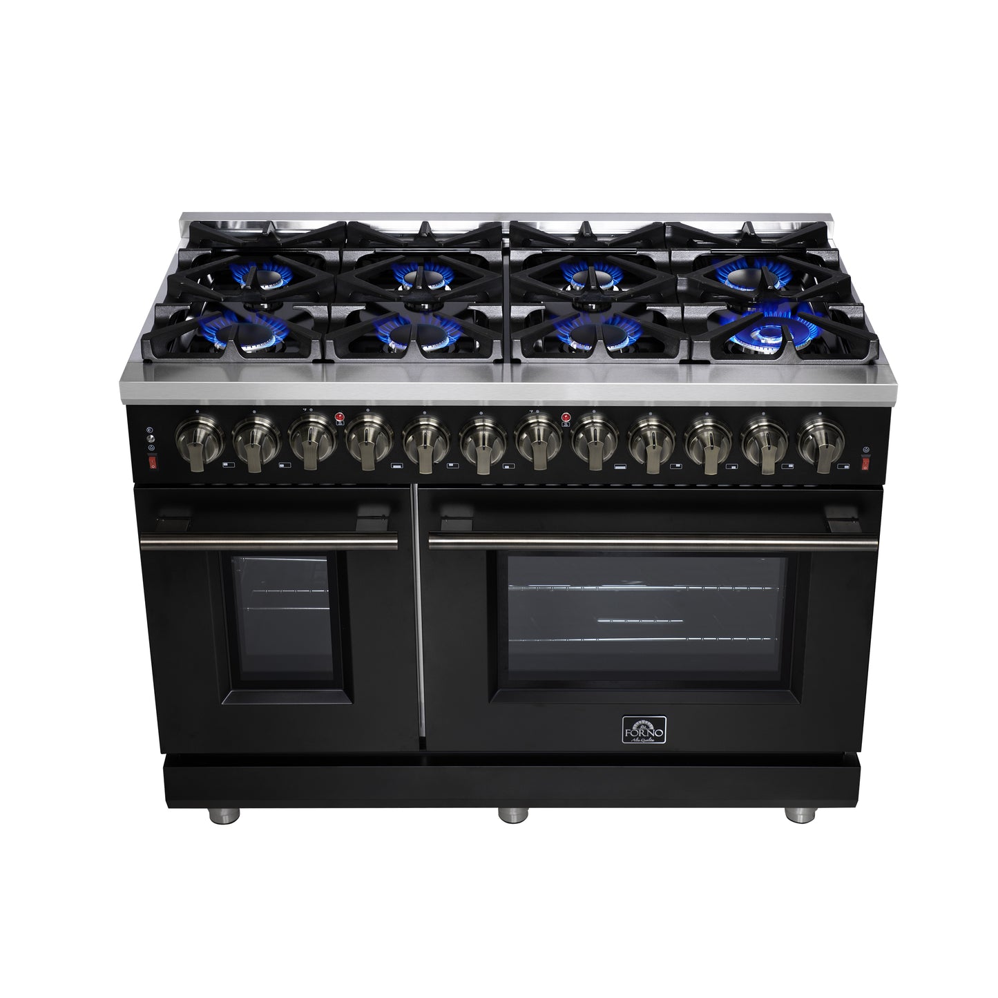 Massimo 48 Inch Dual Fuel Range in Black with Air Fryer Basket, True Convection Oven, Matte Cast Iron Grates, and Antique Brass Handles