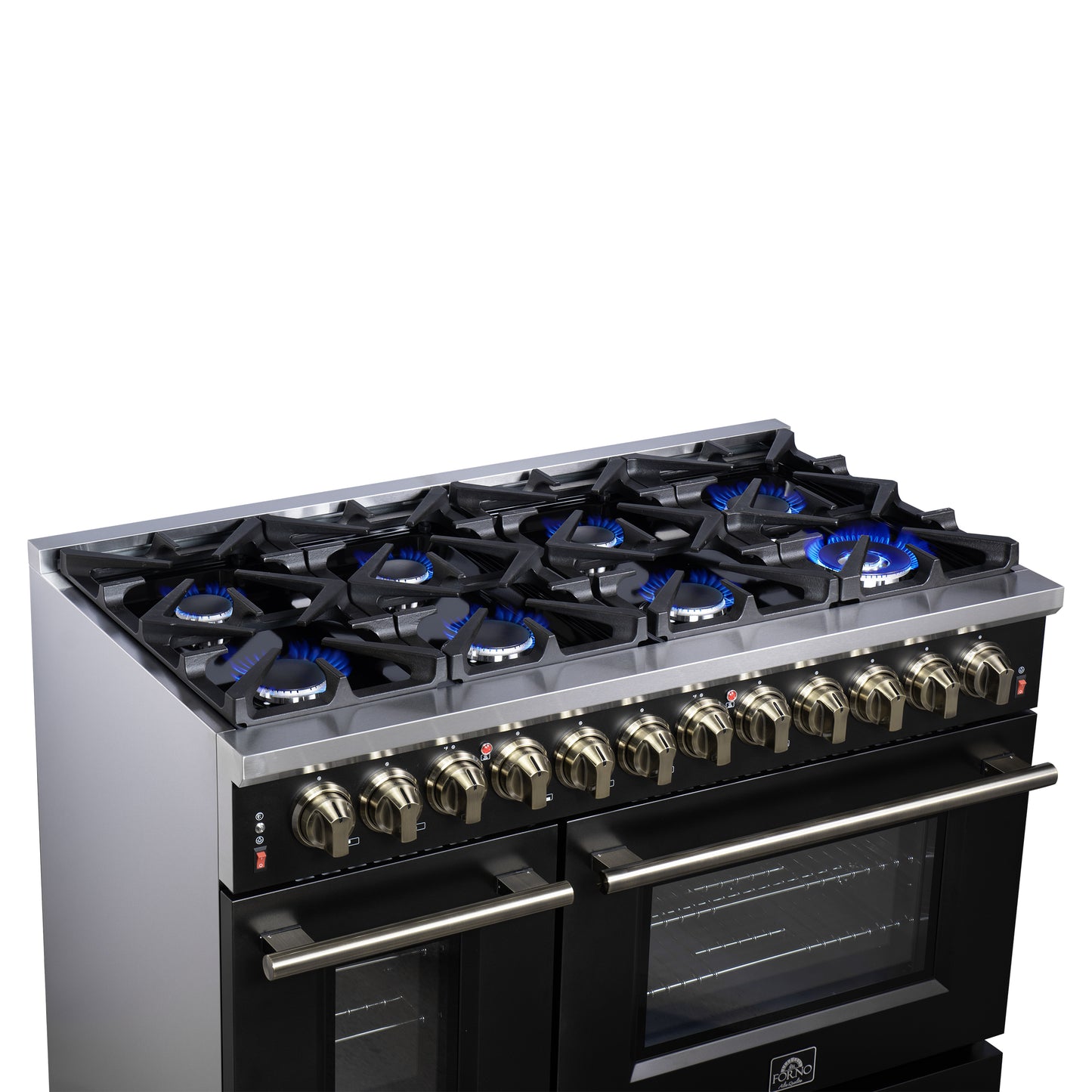 Massimo 48 Inch Dual Fuel Range in Black with Air Fryer Basket, True Convection Oven, Matte Cast Iron Grates, and Antique Brass Handles