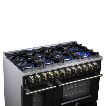 Massimo 48 Inch Dual Fuel Range in Black with Air Fryer Basket, True Convection Oven, Matte Cast Iron Grates, and Antique Brass Handles