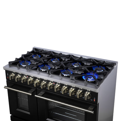 Massimo 48 Inch Dual Fuel Range in Black with Air Fryer Basket, True Convection Oven, Matte Cast Iron Grates, and Antique Brass Handles