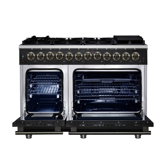 Massimo 48 Inch Dual Fuel Range in Black with Air Fryer Basket, True Convection Oven, Matte Cast Iron Grates, and Antique Brass Handles