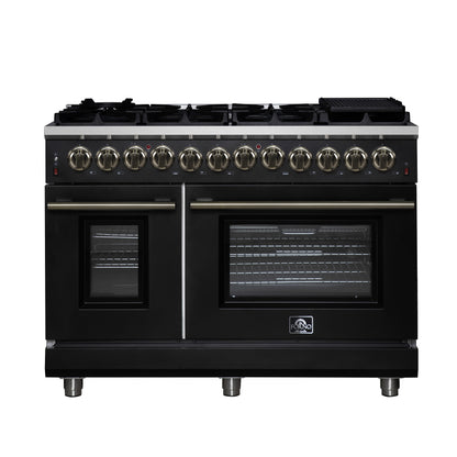 Massimo 48 Inch Dual Fuel Range in Black with Air Fryer Basket, True Convection Oven, Matte Cast Iron Grates, and Antique Brass Handles