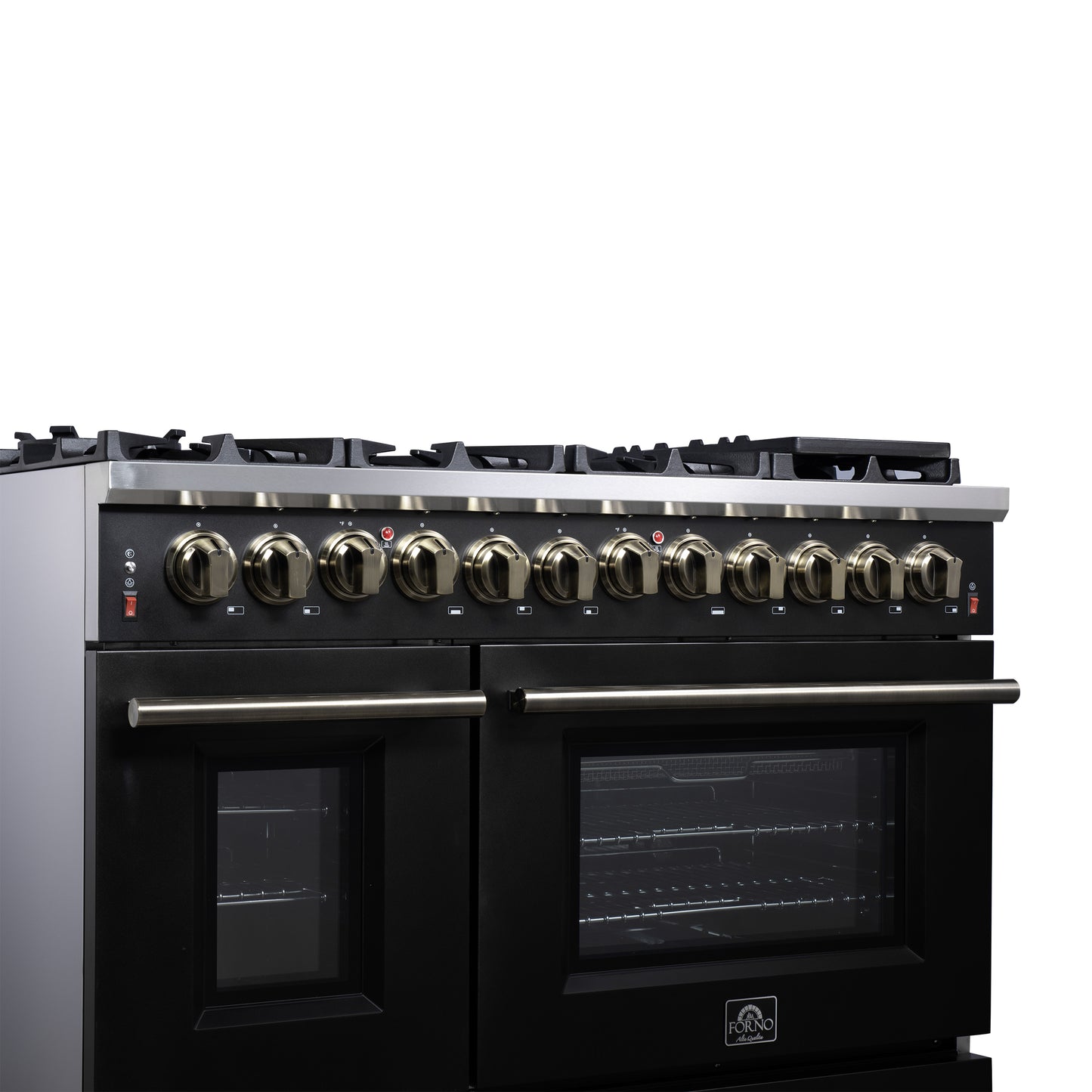 Massimo 48 Inch Dual Fuel Range in Black with Air Fryer Basket, True Convection Oven, Matte Cast Iron Grates, and Antique Brass Handles