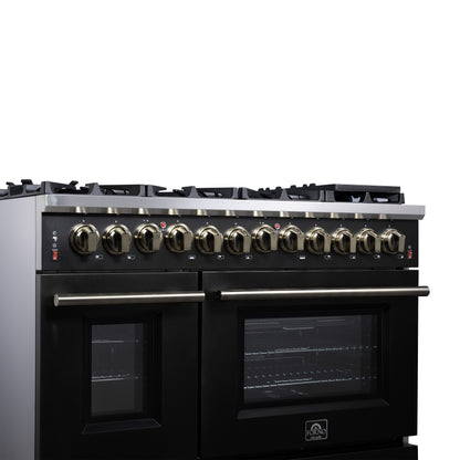 Massimo 48 Inch Dual Fuel Range in Black with Air Fryer Basket, True Convection Oven, Matte Cast Iron Grates, and Antique Brass Handles
