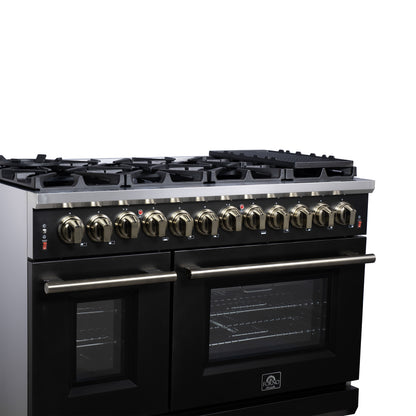 Massimo 48 Inch Dual Fuel Range in Black with Air Fryer Basket, True Convection Oven, Matte Cast Iron Grates, and Antique Brass Handles