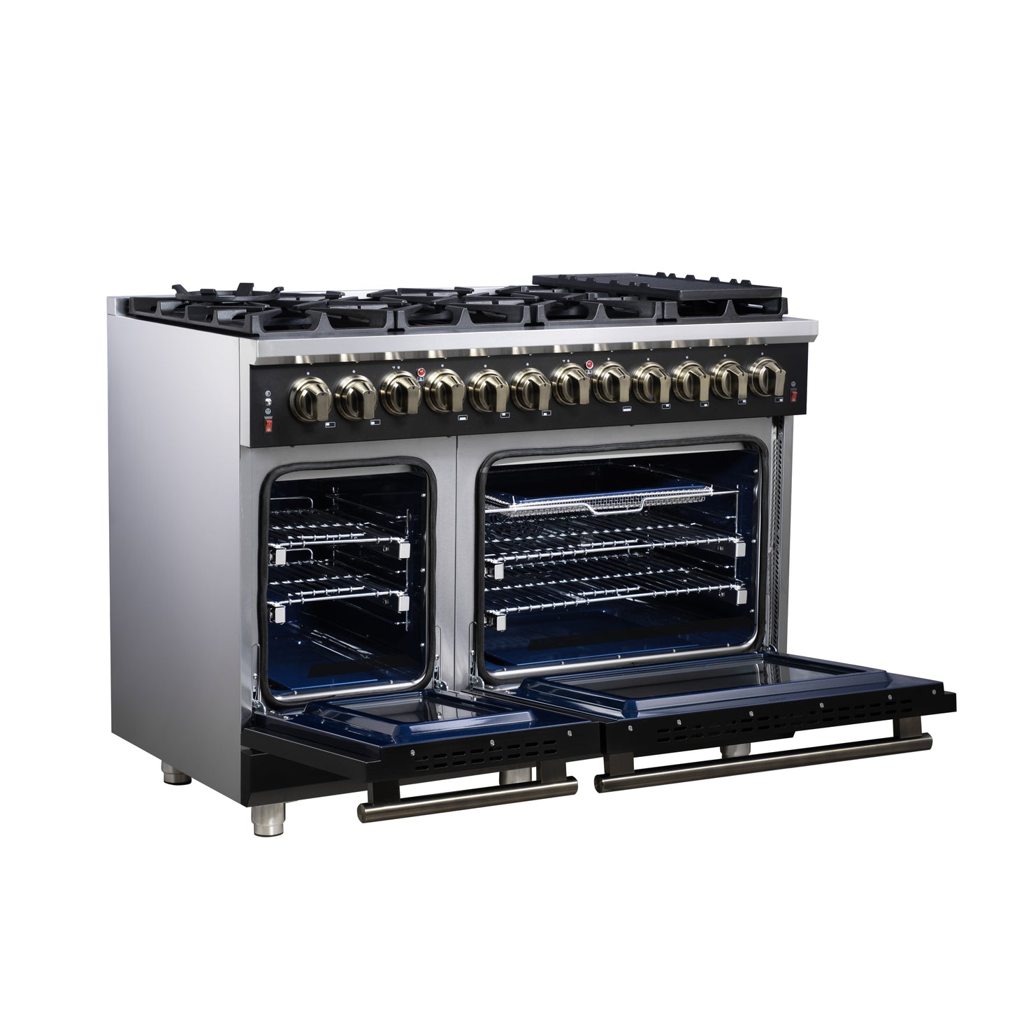Massimo 48 Inch Dual Fuel Range in Black with Air Fryer Basket, True Convection Oven, Matte Cast Iron Grates, and Antique Brass Handles