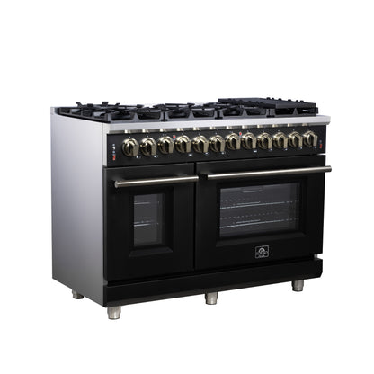 Massimo 48 Inch Dual Fuel Range in Black with Air Fryer Basket, True Convection Oven, Matte Cast Iron Grates, and Antique Brass Handles
