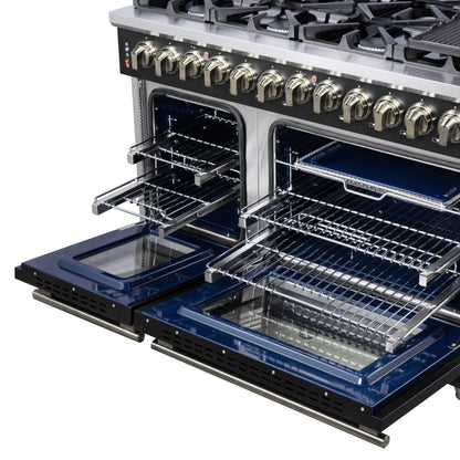 Massimo 48 Inch Dual Fuel Range in Black with Air Fryer Basket, True Convection Oven, Matte Cast Iron Grates, and Antique Brass Handles