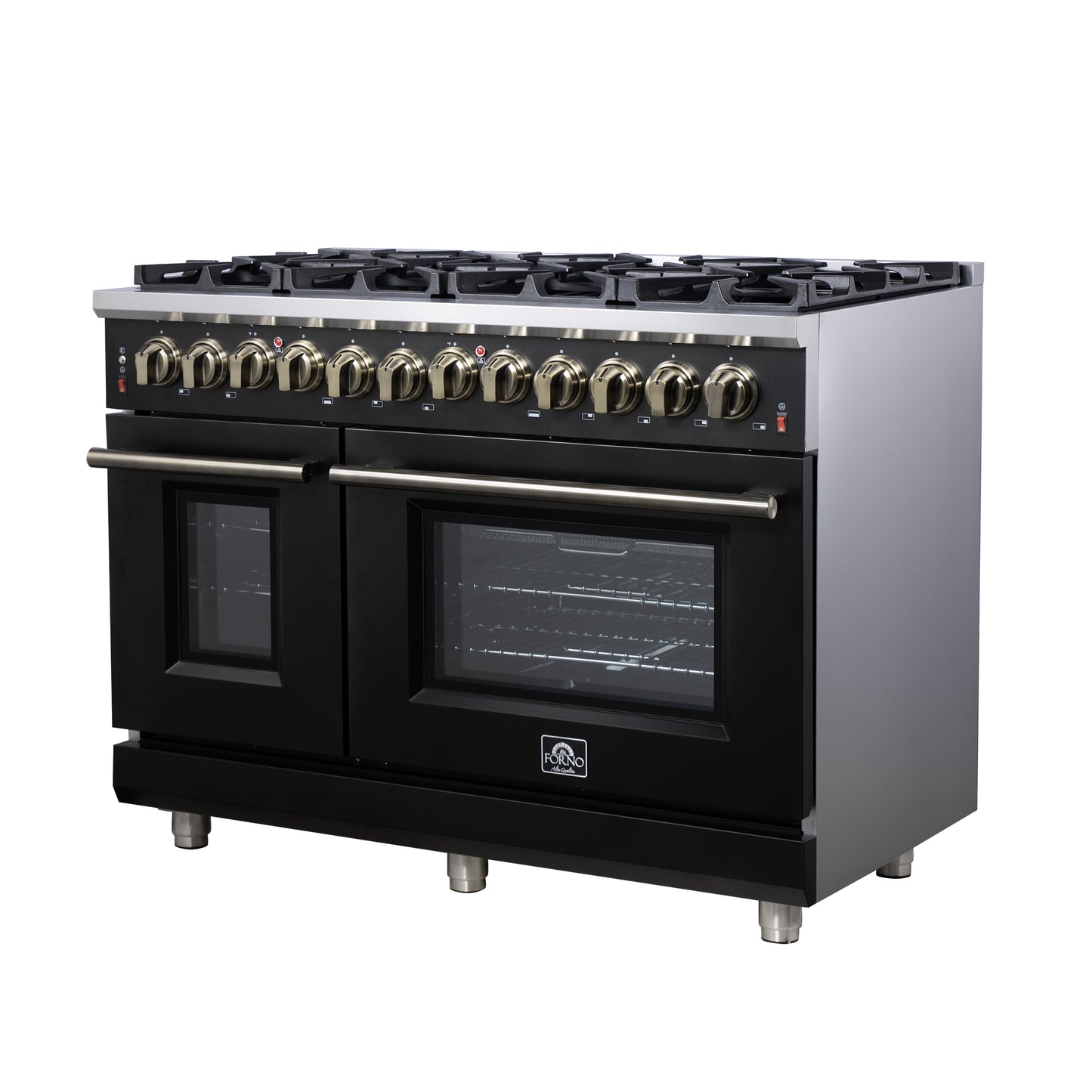 Massimo 48 Inch Dual Fuel Range in Black with Air Fryer Basket, True Convection Oven, Matte Cast Iron Grates, and Antique Brass Handles