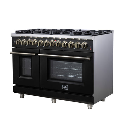 Massimo 48 Inch Dual Fuel Range in Black with Air Fryer Basket, True Convection Oven, Matte Cast Iron Grates, and Antique Brass Handles