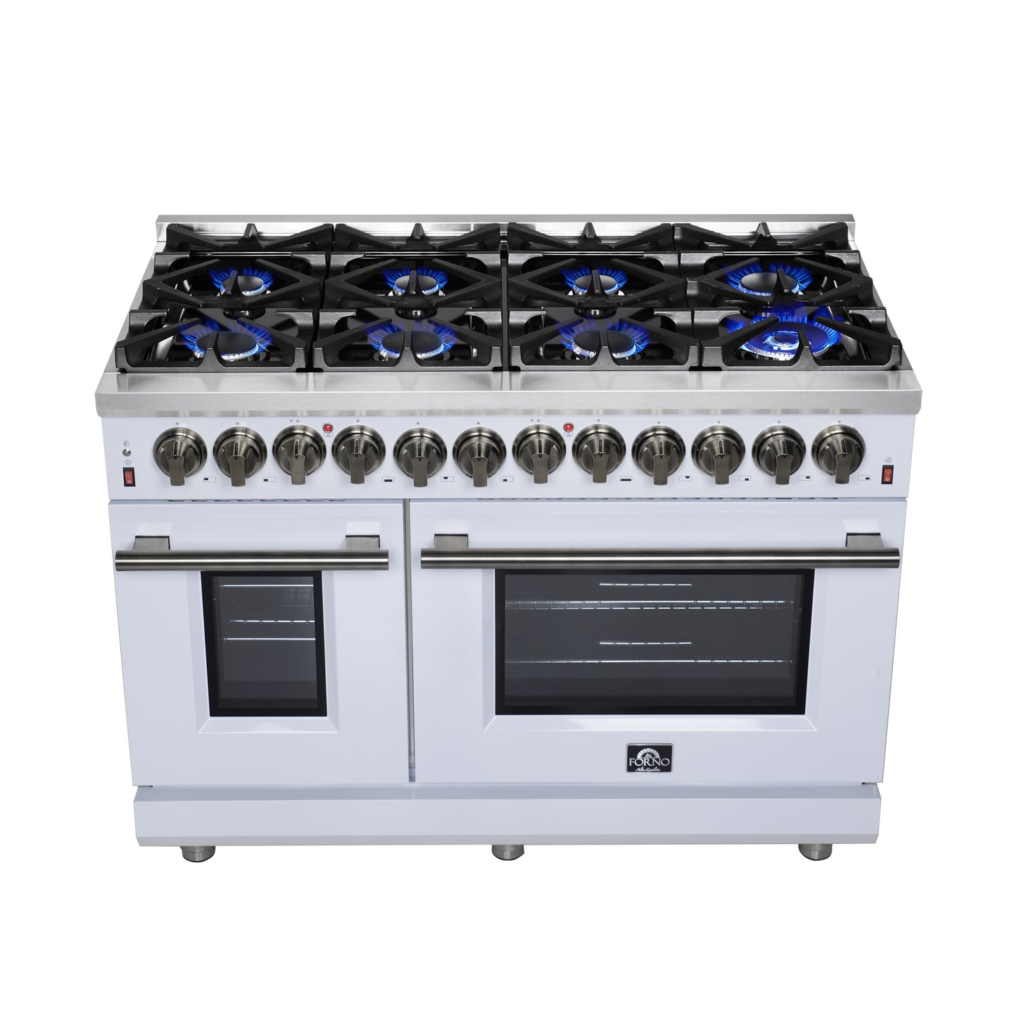 Massimo 48 Inch Dual Fuel Range in White with Air Fryer Basket, True Convection Oven, Matte Cast Iron Grates, and Antique Brass Handles