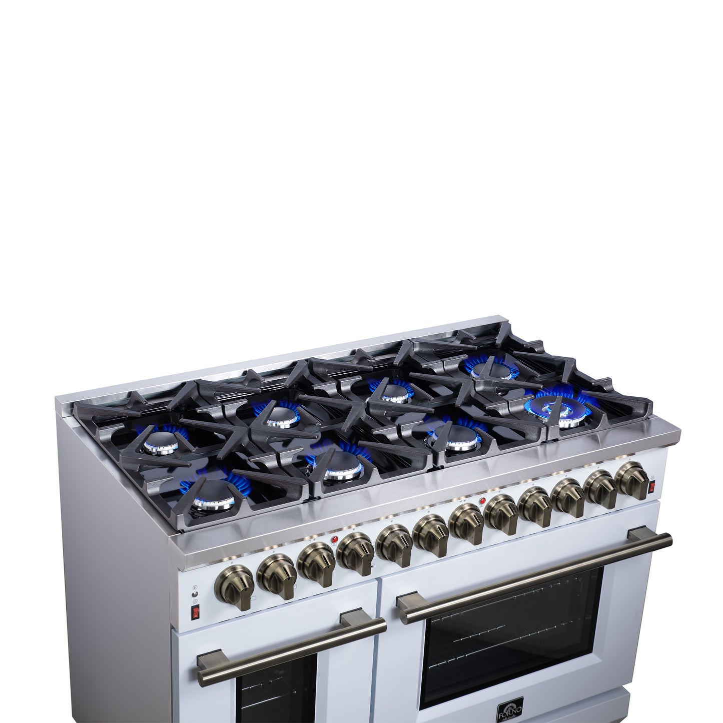 Massimo 48 Inch Dual Fuel Range in White with Air Fryer Basket, True Convection Oven, Matte Cast Iron Grates, and Antique Brass Handles