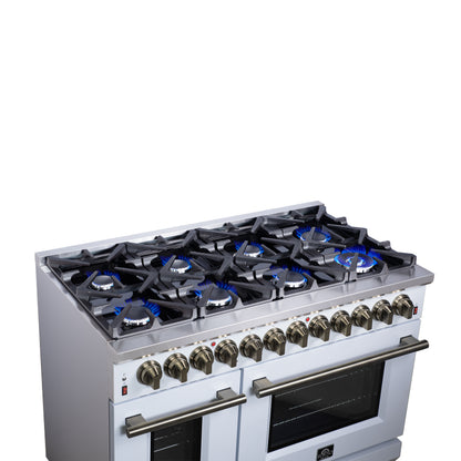 Massimo 48 Inch Dual Fuel Range in White with Air Fryer Basket, True Convection Oven, Matte Cast Iron Grates, and Antique Brass Handles