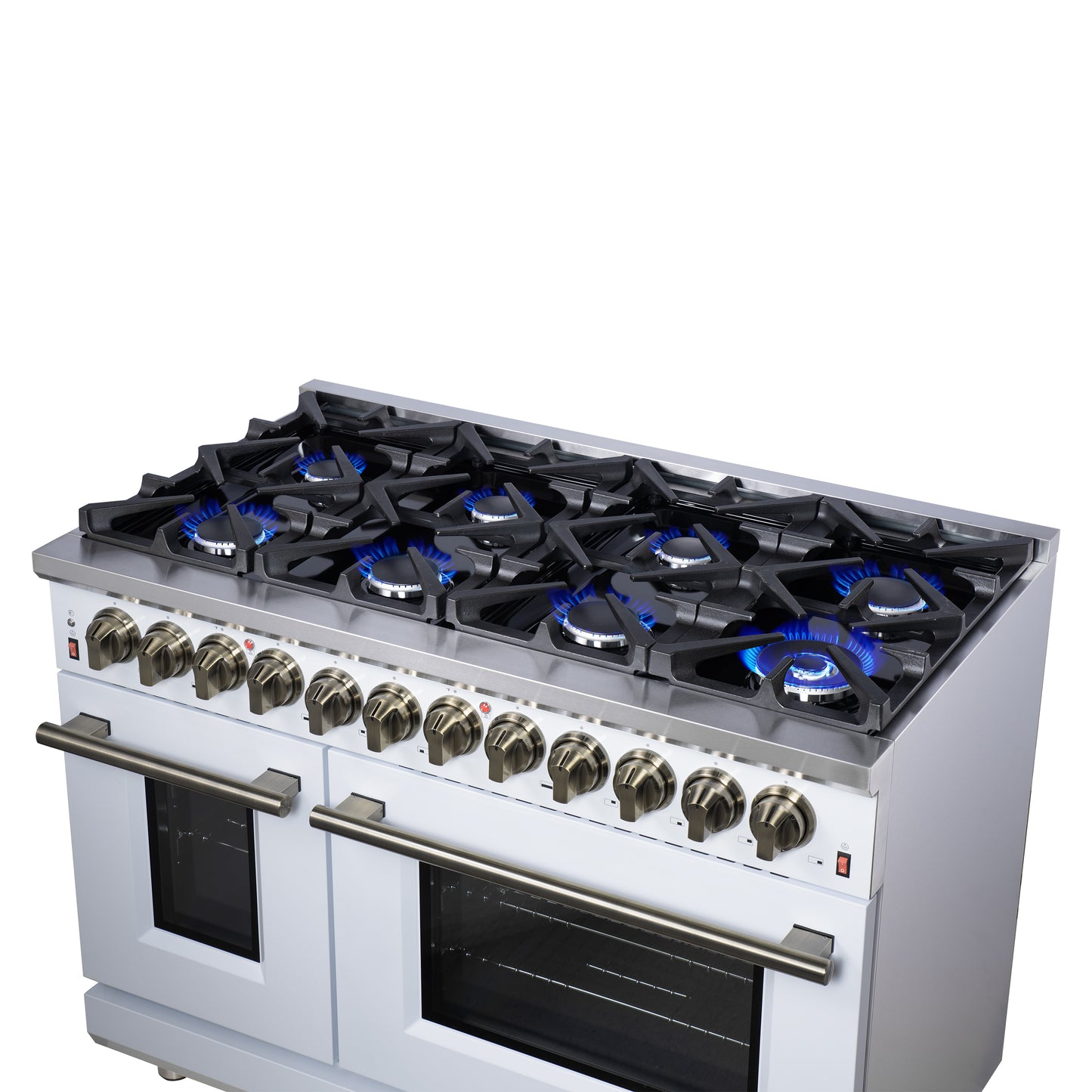Massimo 48 Inch Dual Fuel Range in White with Air Fryer Basket, True Convection Oven, Matte Cast Iron Grates, and Antique Brass Handles
