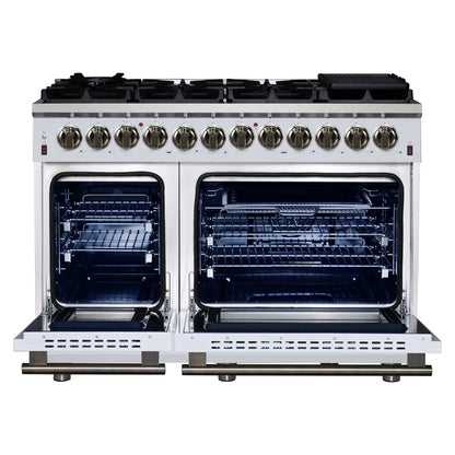 Massimo 48 Inch Dual Fuel Range in White with Air Fryer Basket, True Convection Oven, Matte Cast Iron Grates, and Antique Brass Handles