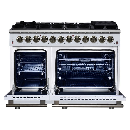 Massimo 48 Inch Dual Fuel Range in White with Air Fryer Basket, True Convection Oven, Matte Cast Iron Grates, and Antique Brass Handles