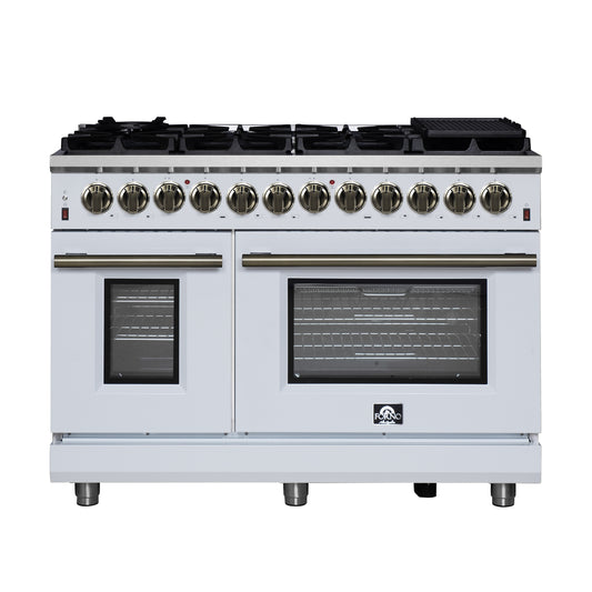Massimo 48 Inch Dual Fuel Range in White with Air Fryer Basket, True Convection Oven, Matte Cast Iron Grates, and Antique Brass Handles