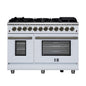 Massimo 48 Inch Dual Fuel Range in White with Air Fryer Basket, True Convection Oven, Matte Cast Iron Grates, and Antique Brass Handles